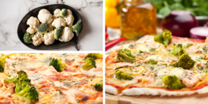 Pizza cu aluat de conopidă, varză de Bruxelles, bacon și parmezan
